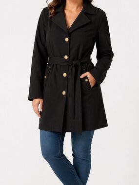 Dennis Basso Elegant Black Trench Coat with Gold Buttons